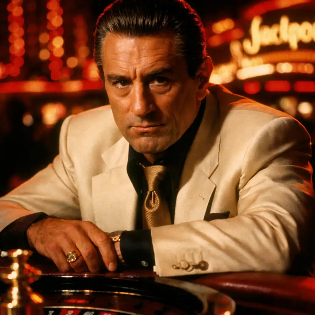 Kadr z filmu Kasyno (1995) przedstawiający Roberta De Niro jako Sama Rothsteina przy stole do ruletki