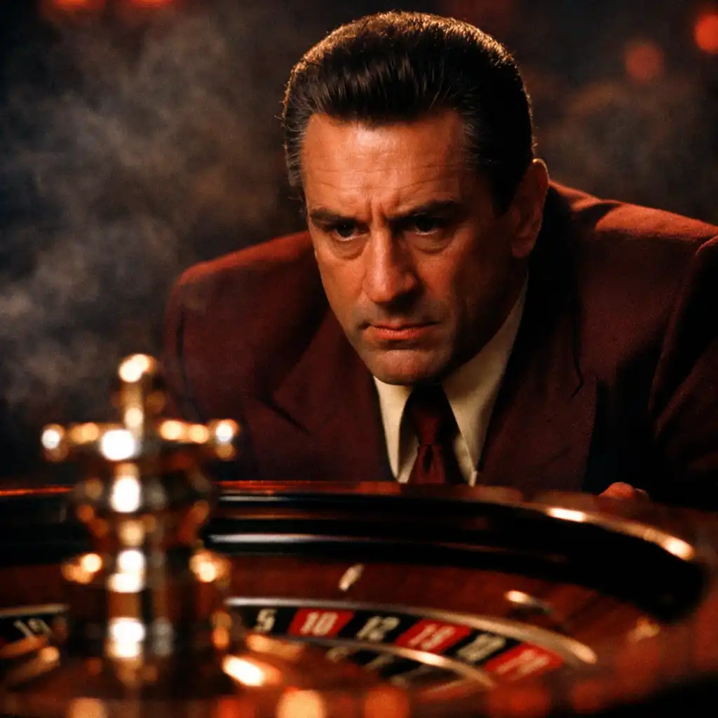 Robert De Niro jako Sam Rothstein wpatruje się w koło ruletki w filmie Kasyno