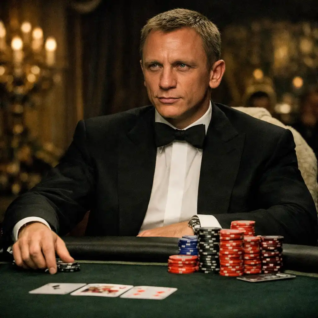 Daniel Craig jako James Bond przy stole do pokera w filmie Casino Royale