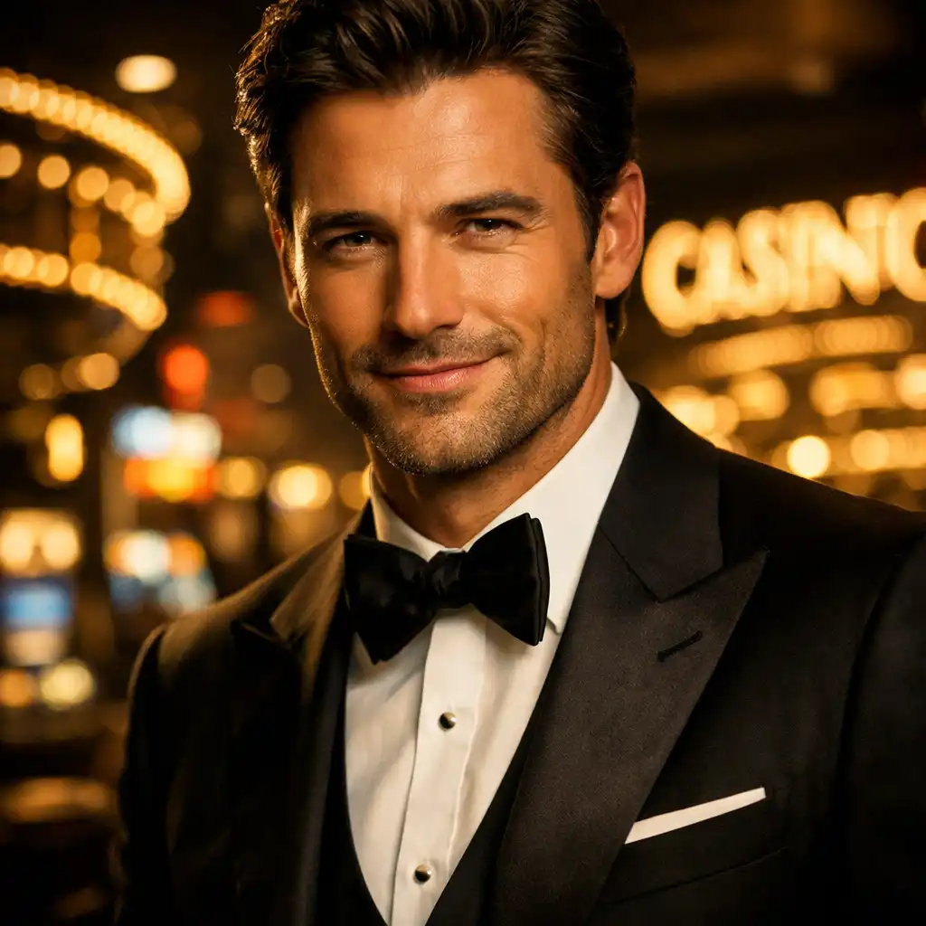 Danny Ocean w smokingu z pewnym siebie uśmiechem na tle kasyna w Las Vegas