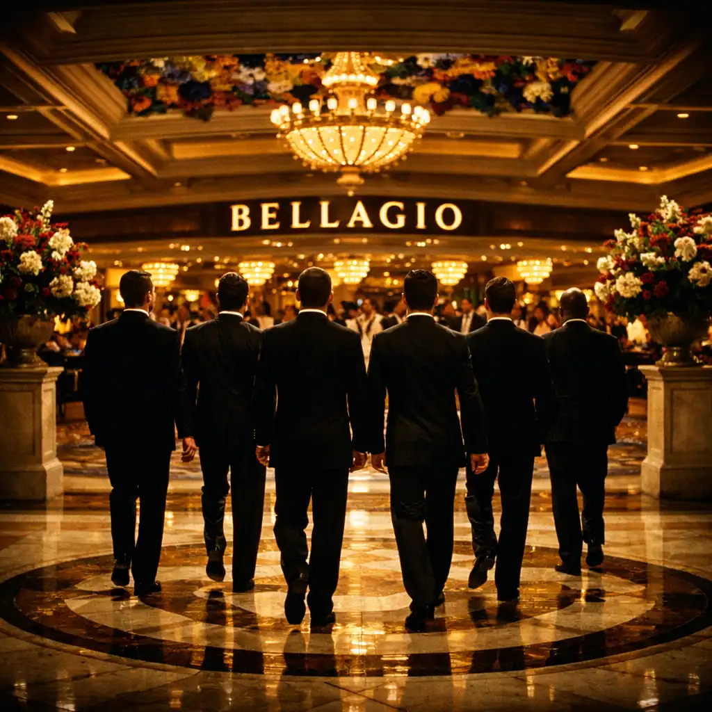 Grupa eleganckich mężczyzn w smokingach wchodzących do kasyna Bellagio w filmie Ocean's Eleven