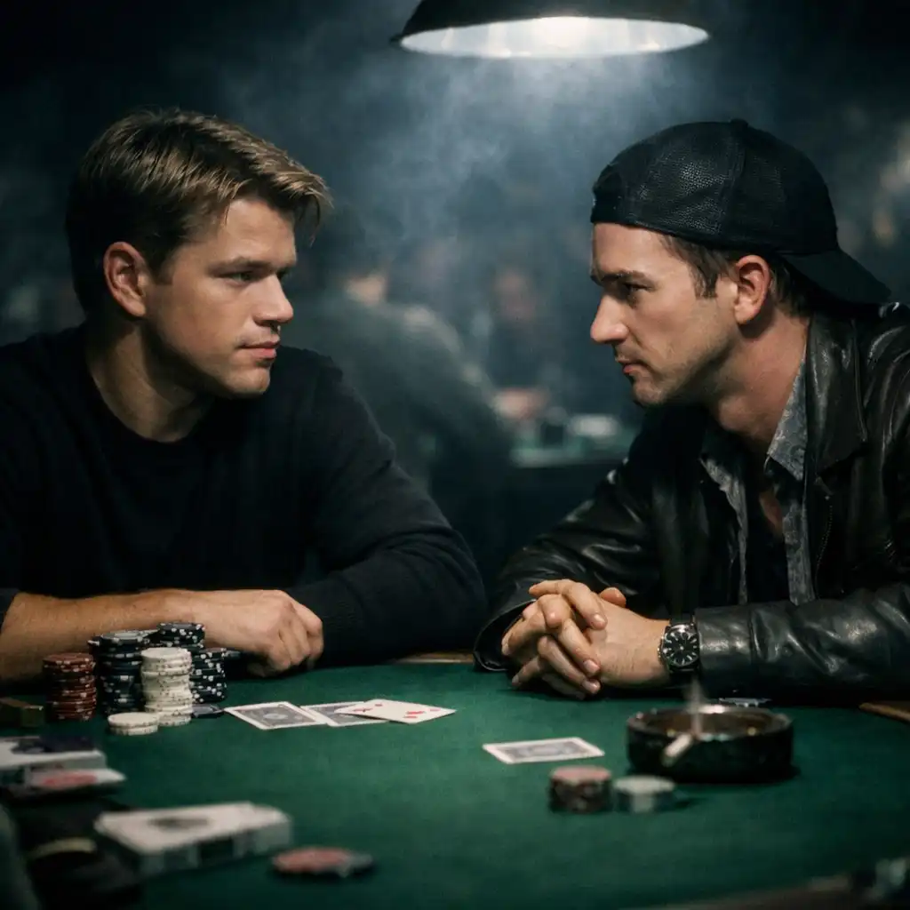 Matt Damon i Edward Norton przy stole pokerowym w filmie Rounders