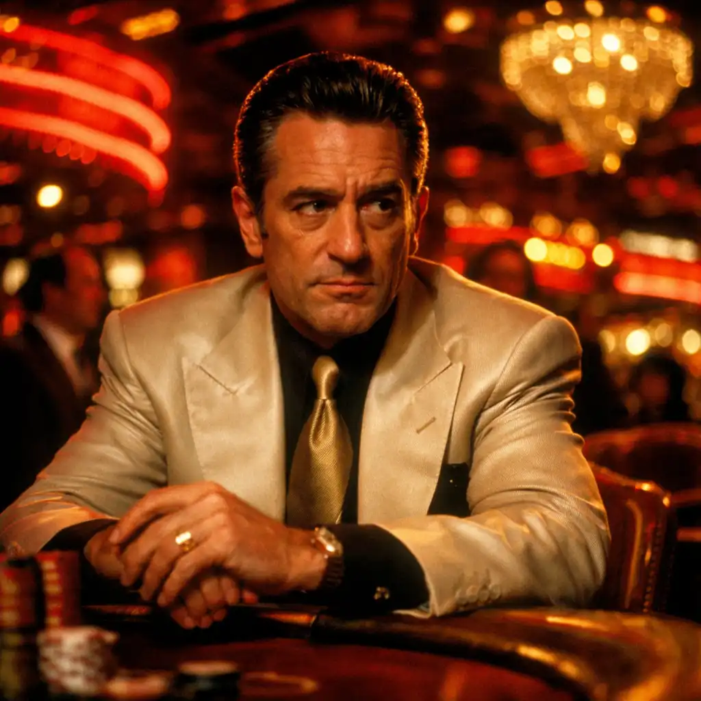 Kadr z filmu Kasyno w stylu Scorsese: Robert De Niro w eleganckim garniturze w kasynie, neonowe światła, głęboka czerwień i złoto