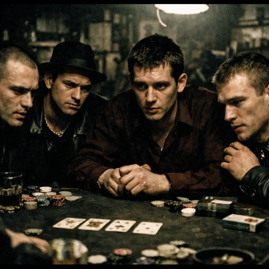 Grupa młodych mężczyzn przy stole pokerowym w filmie Lock, Stock and Two Smoking Barrels