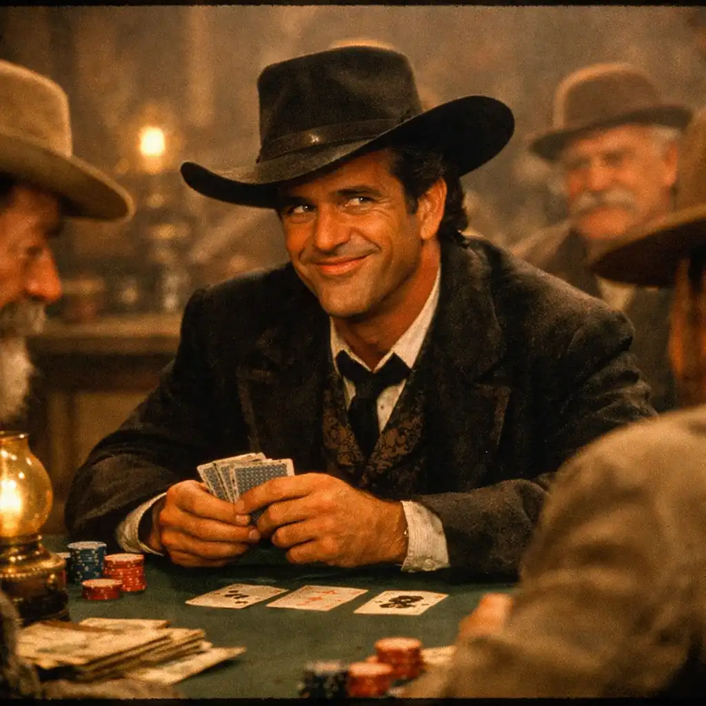 Mel Gibson jako Bret Maverick w westernie Maverick przy stole pokerowym