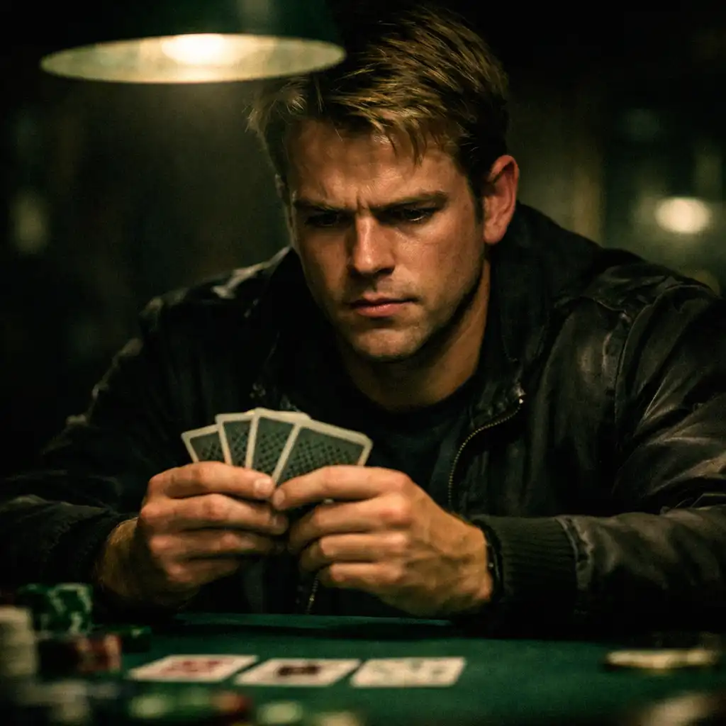 Mike McDermott skupiony przy stole pokerowym z kartami w dłoni