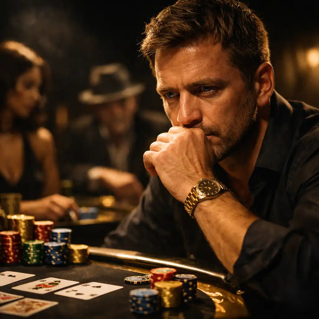 Scena pokerowa: stół z kartami i żetonami, gracze w napięciu, zbliżenie na twarz jednego z graczy