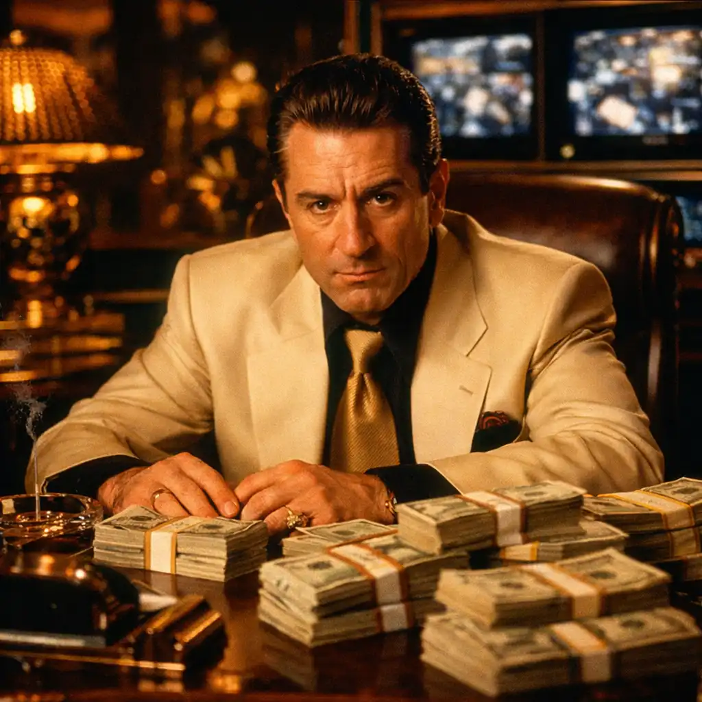 Kadr z filmu Kasyno: Robert De Niro jako Sam 'Ace' Rothstein w luksusowym biurze kasyna
