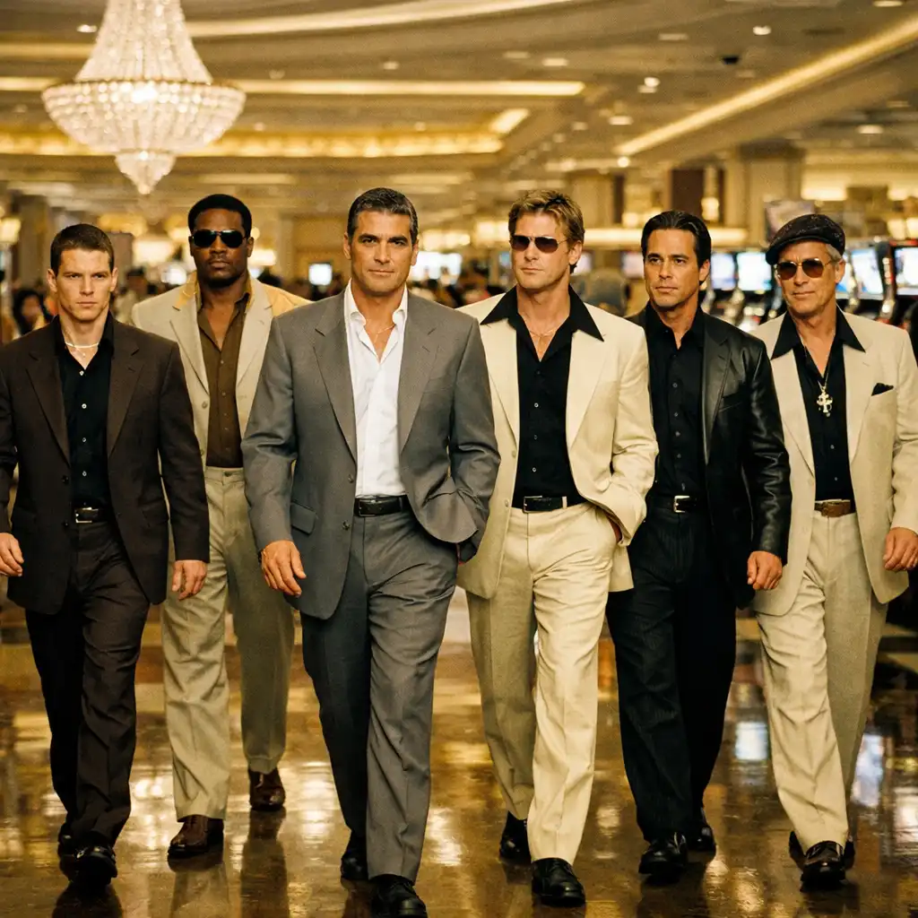 Kadr z filmu Ocean's Eleven: grupa eleganckich mężczyzn w kasynie