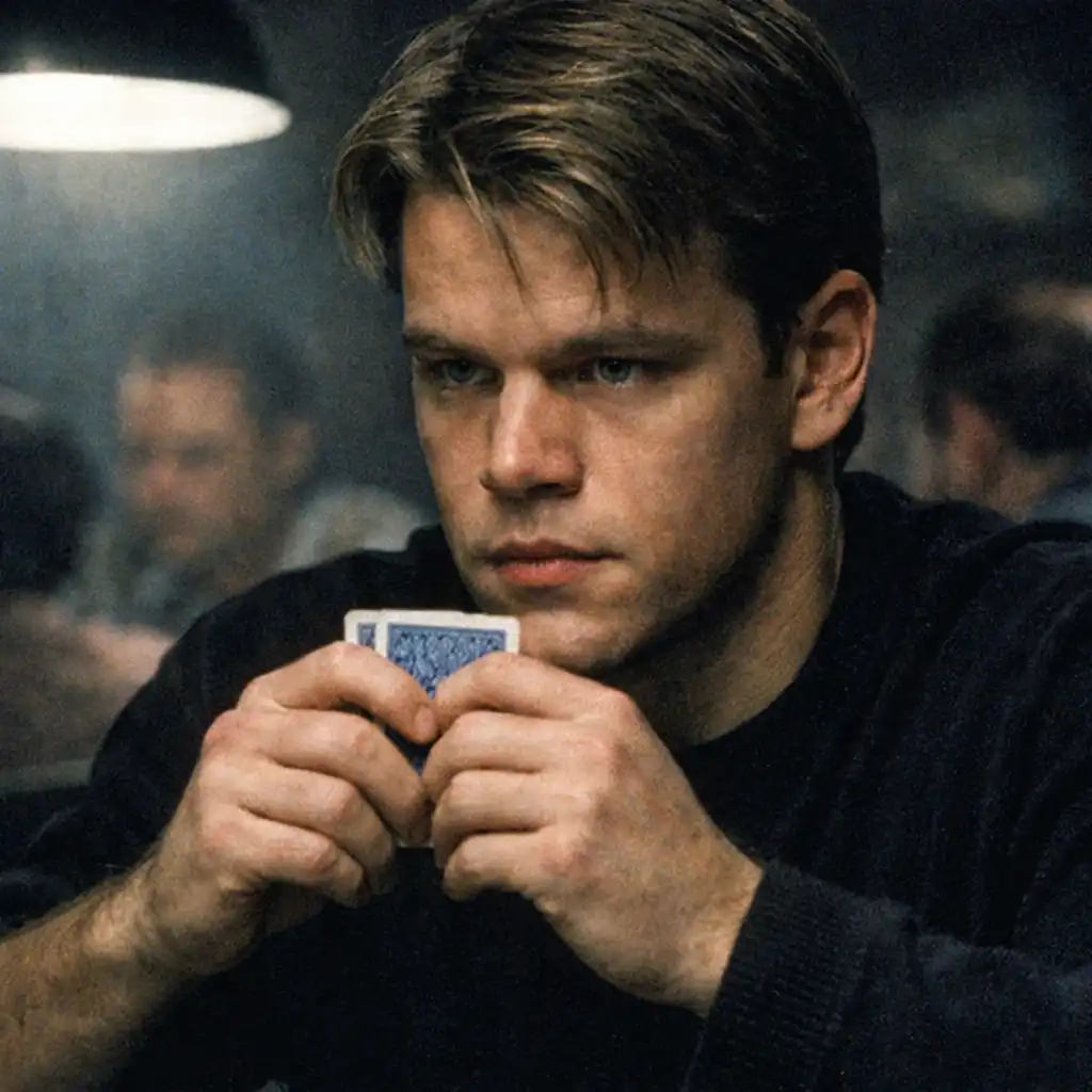Kadr z filmu Rounders: Matt Damon trzyma karty przy piersi