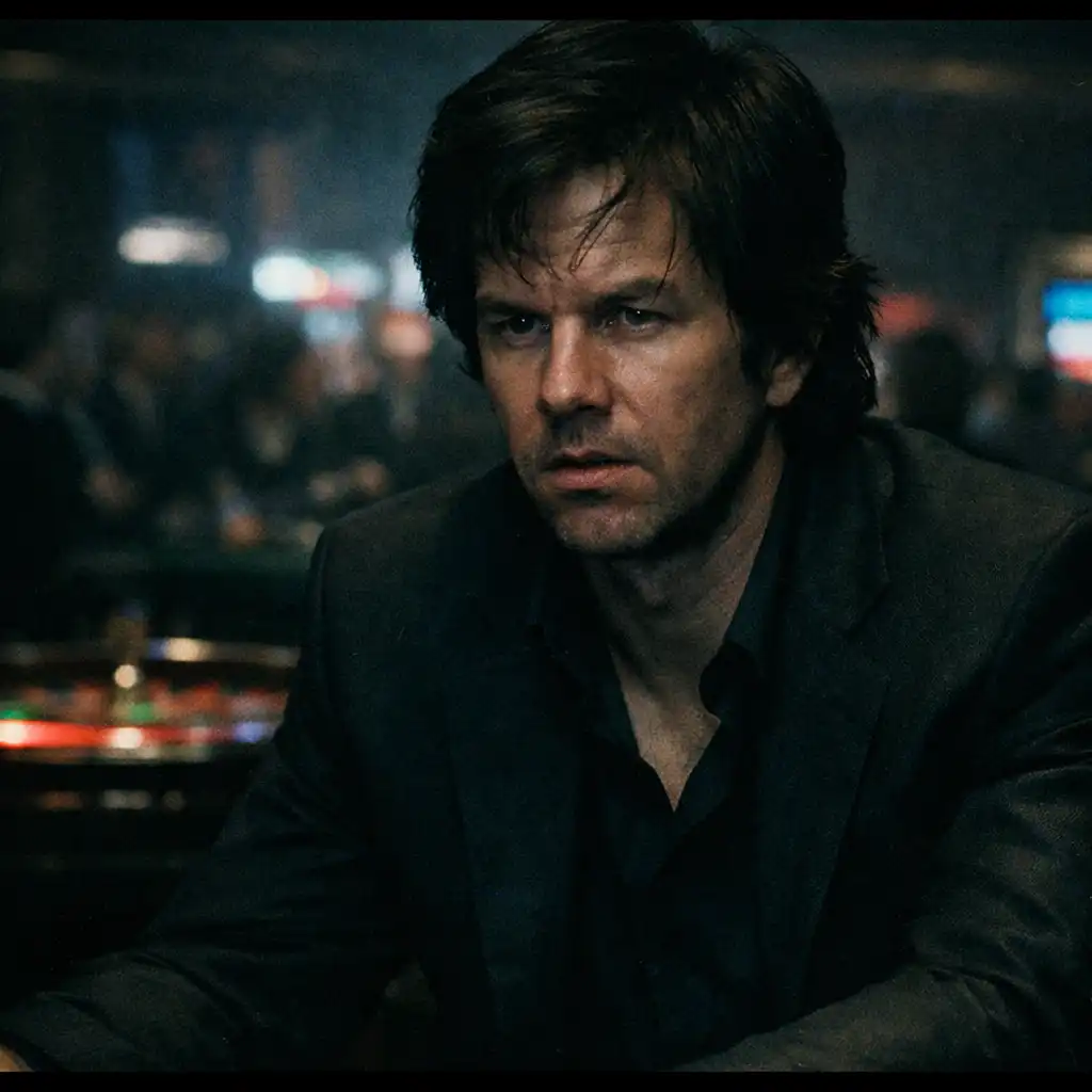Kadr z filmu The Gambler: Mark Wahlberg z zatroskaną miną w ciemnym kasynie