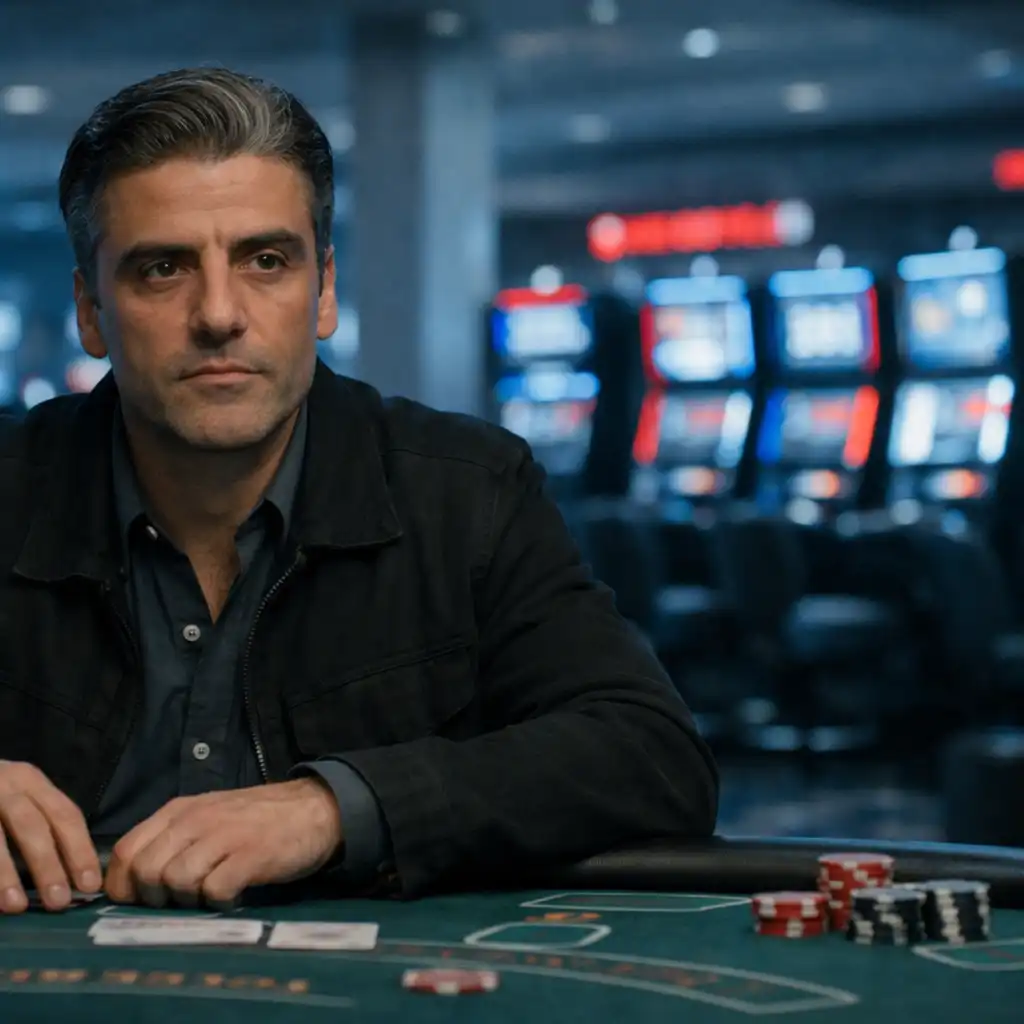 Kadr z filmu The Card Counter z Oscarem Isaakiem przy stole do blackjacka