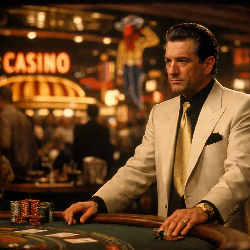 Kadr z filmu Casino z Robertem De Niro przy stole do blackjacka