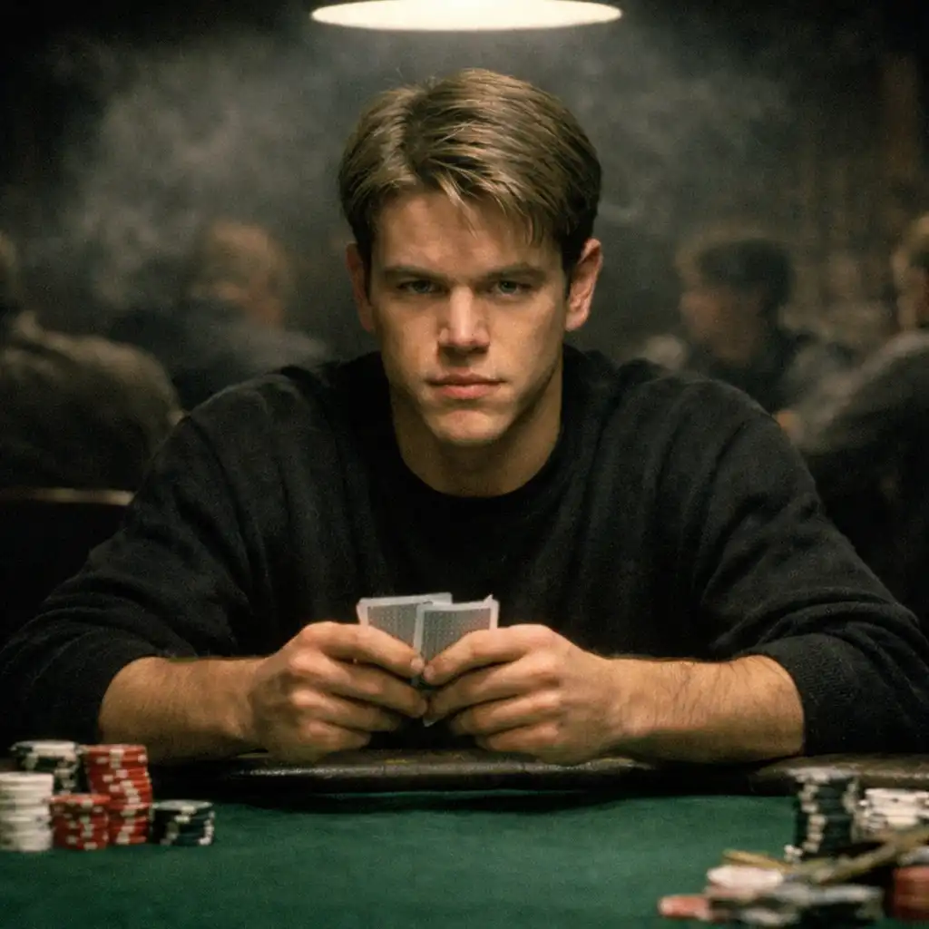Kadr z filmu Rounders z Mattem Damonem przy stole pokerowym