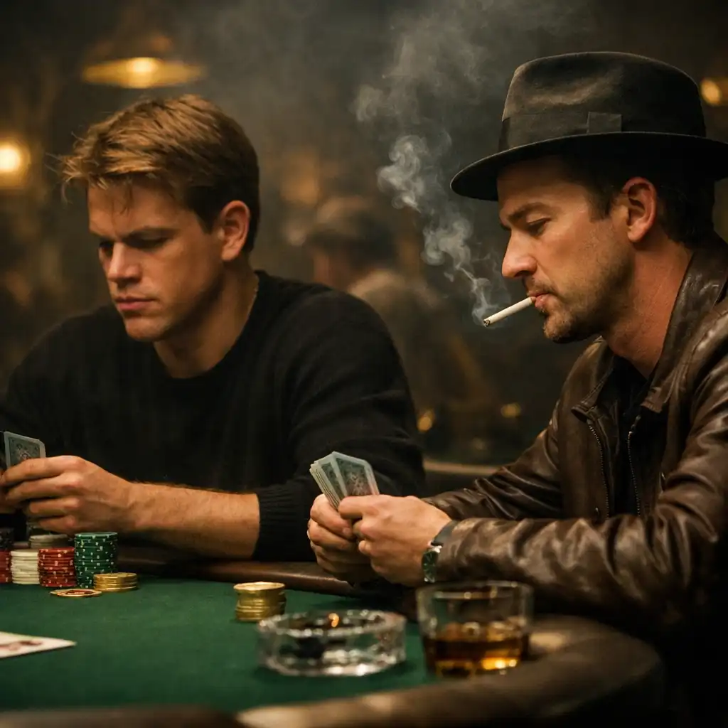 Scena z filmu Hazardziści (1998) pokazująca Matta Damona i Edwarda Nortona przy stole pokerowym