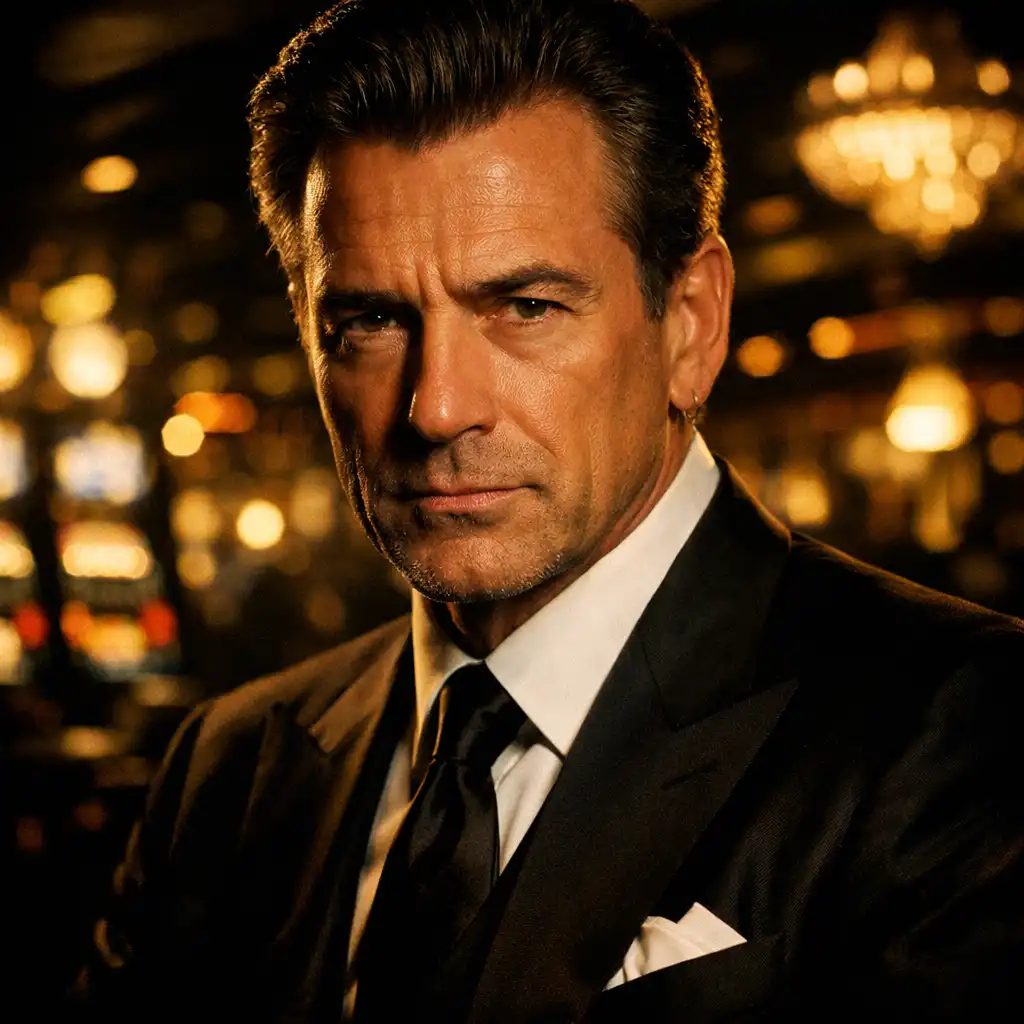 Sam 'Ace' Rothstein w eleganckim garniturze na tle kasyna