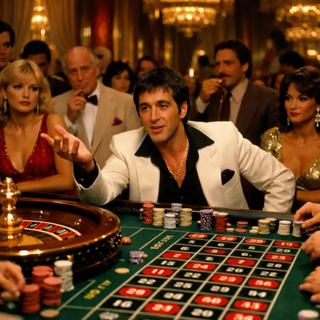 Al Pacino jako Tony Montana przy stole ruletki w otoczeniu tłumu w filmie Człowiek z blizną