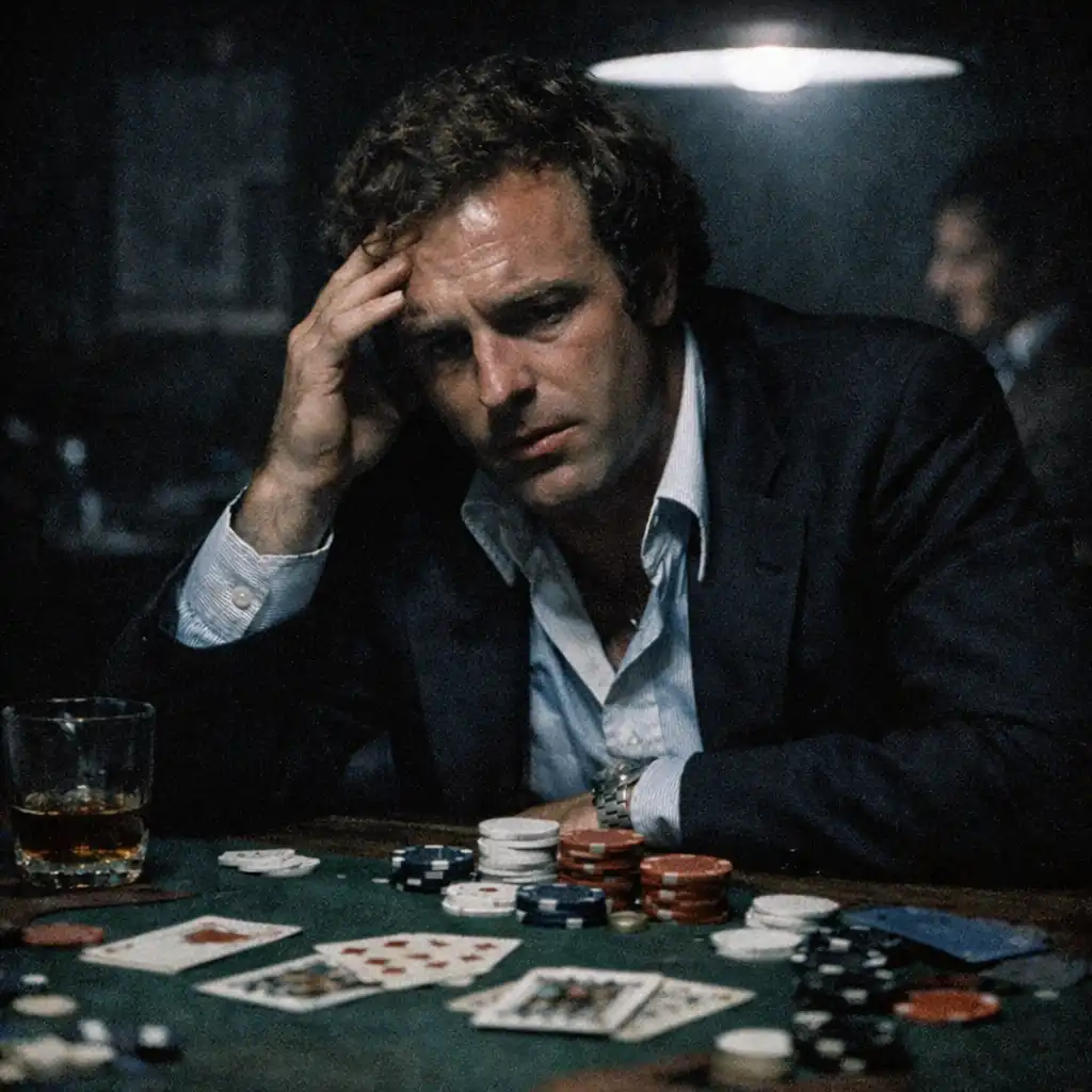 James Caan jako Axel Freed przy stole pokerowym w filmie The Gambler