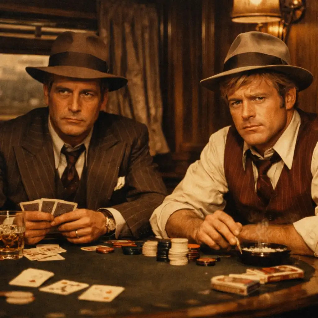 Paul Newman i Robert Redford w scenie pokerowej w filmie The Sting